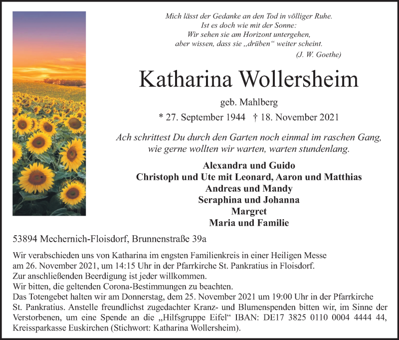  Traueranzeige für Katharina Wollersheim vom 24.11.2021 aus Kölner Stadt-Anzeiger / Kölnische Rundschau / Express