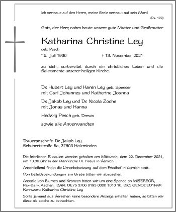 Anzeige von Katharina Christine Ley von Kölner Stadt-Anzeiger / Kölnische Rundschau / Express