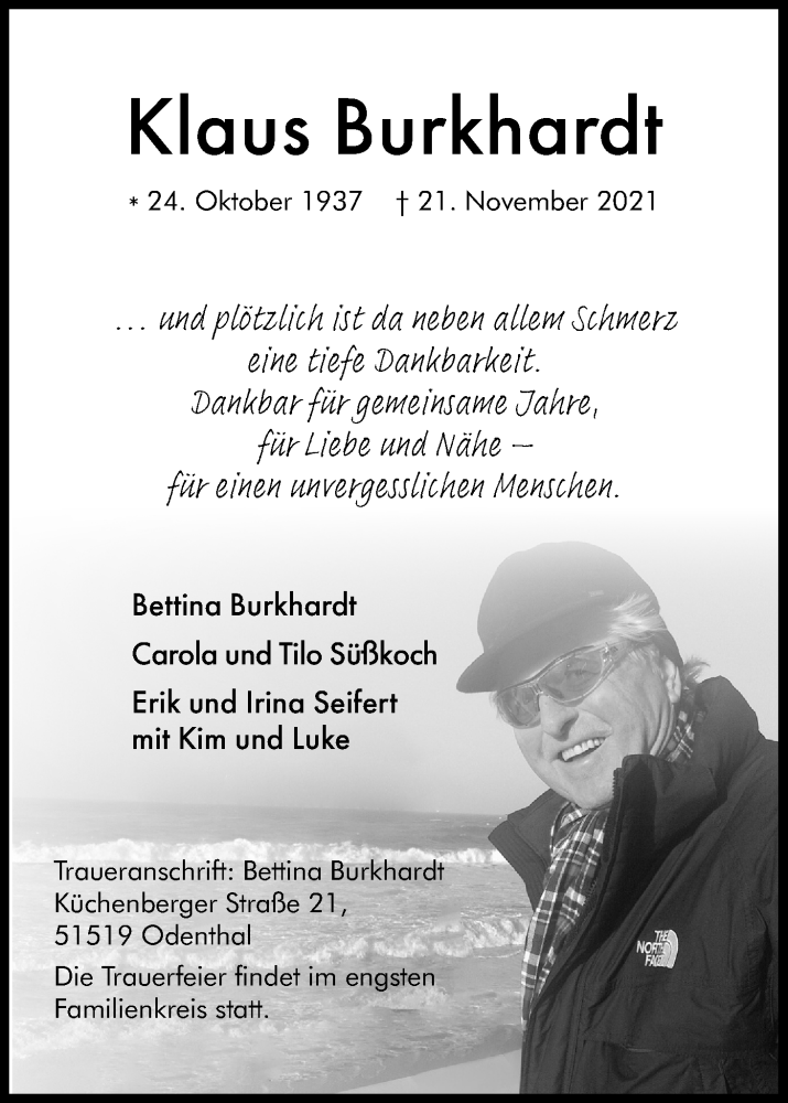  Traueranzeige für Klaus Burkhardt vom 27.11.2021 aus Kölner Stadt-Anzeiger / Kölnische Rundschau / Express