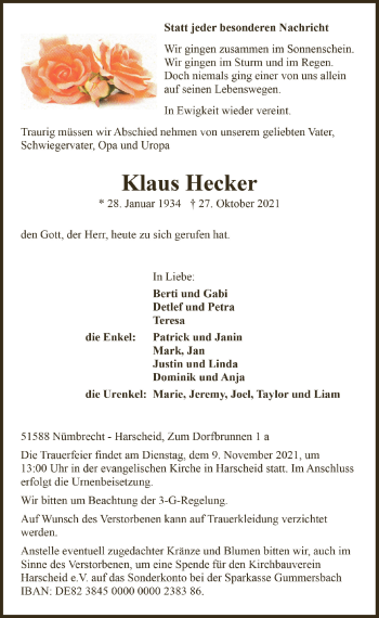 Anzeige von Klaus Hecker von  Lokalanzeiger 