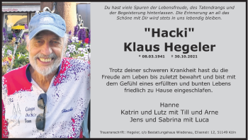 Anzeige von Klaus Hegeler von Kölner Stadt-Anzeiger / Kölnische Rundschau / Express
