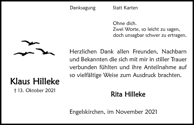  Traueranzeige für Klaus Hilleke vom 26.11.2021 aus  Anzeigen Echo 