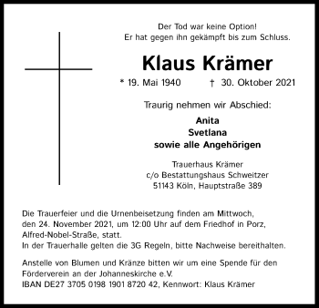 Anzeige von Klaus Krämer von Kölner Stadt-Anzeiger / Kölnische Rundschau / Express
