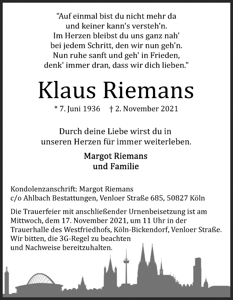  Traueranzeige für Klaus Riemans vom 13.11.2021 aus Kölner Stadt-Anzeiger / Kölnische Rundschau / Express