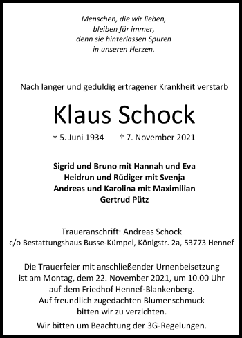 Anzeige von Klaus Schock von Kölner Stadt-Anzeiger / Kölnische Rundschau / Express