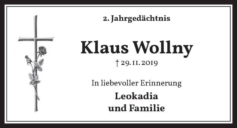  Traueranzeige für Klaus Wollny vom 26.11.2021 aus  Wochenende 