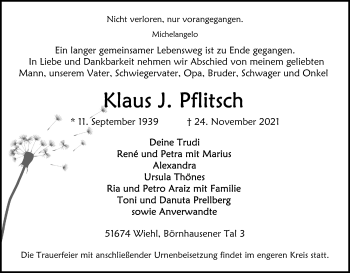 Anzeige von Klaus J. Pflitsch von Kölner Stadt-Anzeiger / Kölnische Rundschau / Express