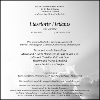 Anzeige von Lieselotte Heikaus von  Anzeigen Echo 
