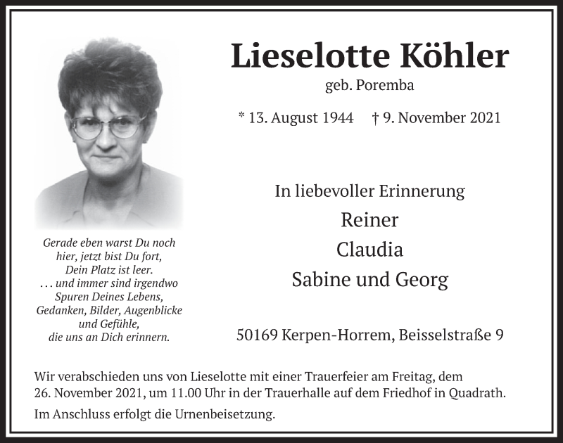  Traueranzeige für Lieselotte Köhler vom 19.11.2021 aus  Werbepost 