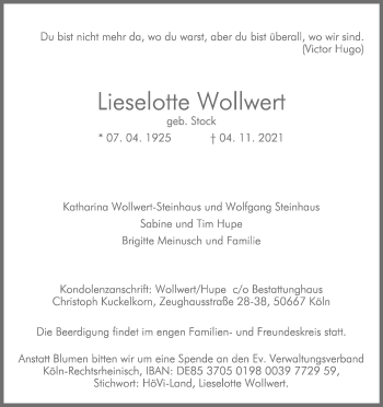 Anzeige von Lieselotte Wollwert von Kölner Stadt-Anzeiger / Kölnische Rundschau / Express