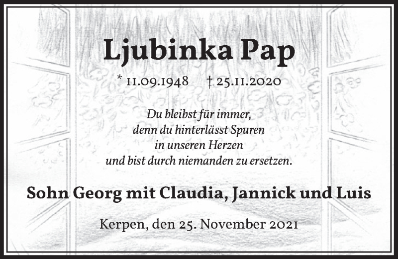  Traueranzeige für Ljubinka Pap vom 26.11.2021 aus  Werbepost 