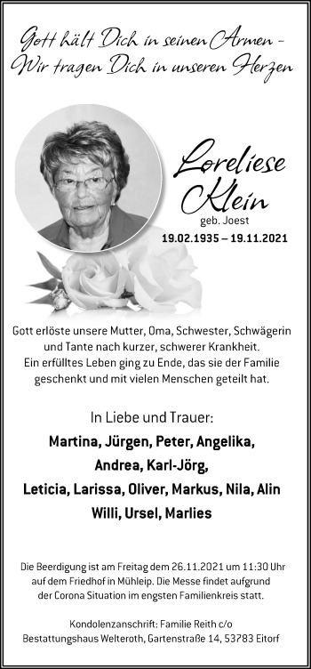 Anzeige von Loreliese Klein von Kölner Stadt-Anzeiger / Kölnische Rundschau / Express
