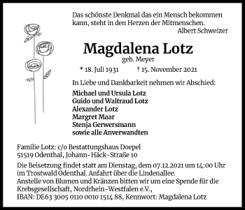 Anzeige von Magdalena Lotz von Kölner Stadt-Anzeiger / Kölnische Rundschau / Express