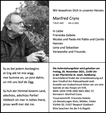 Anzeige von Manfred Cryns von Kölner Stadt-Anzeiger / Kölnische Rundschau / Express