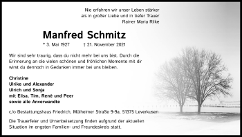 Anzeige von Manfred Schmitz von Kölner Stadt-Anzeiger / Kölnische Rundschau / Express