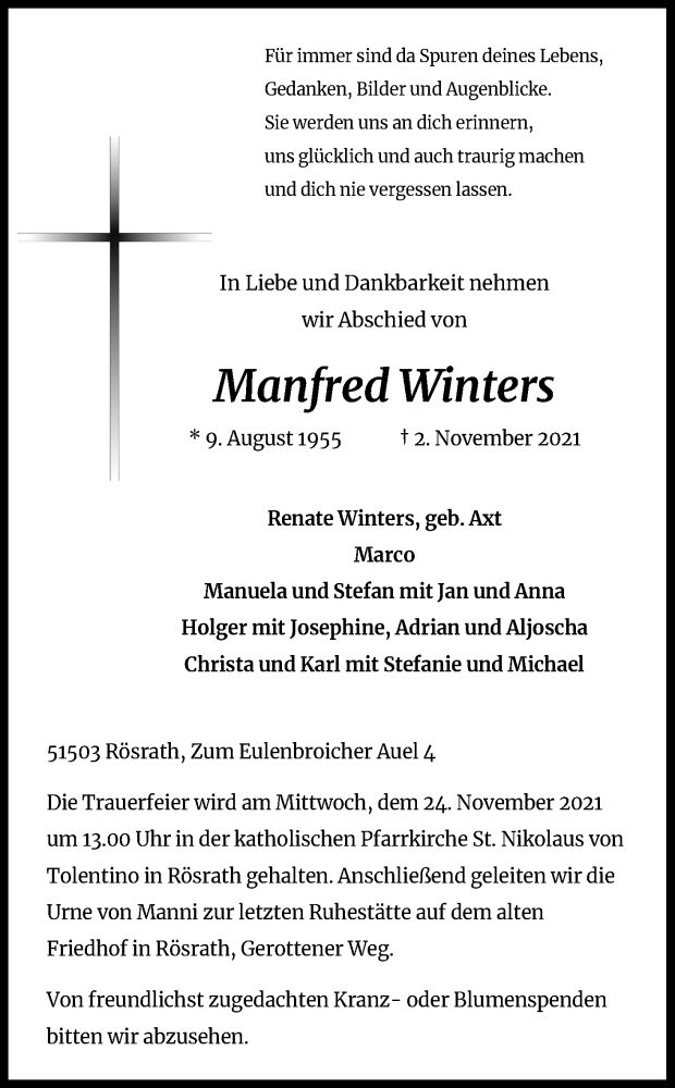  Traueranzeige für Manfred Winters vom 20.11.2021 aus Kölner Stadt-Anzeiger / Kölnische Rundschau / Express