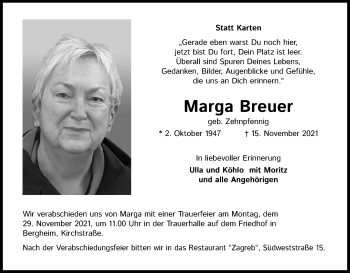 Anzeige von Marga Breuer von Kölner Stadt-Anzeiger / Kölnische Rundschau / Express