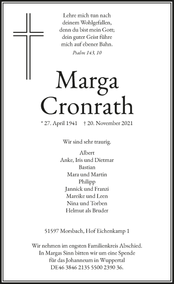 Anzeige von Marga Cronrath von  Lokalanzeiger 