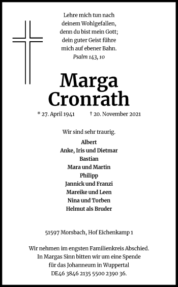 Anzeige von Marga Cronrath von Kölner Stadt-Anzeiger / Kölnische Rundschau / Express