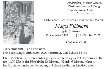 Anzeige von Marga Feldmann von  Werbepost 