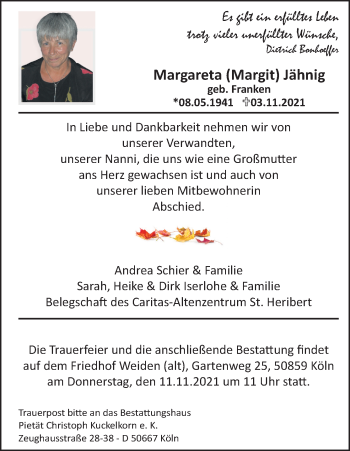 Anzeige von Margareta  Jähnig von Kölner Stadt-Anzeiger / Kölnische Rundschau / Express