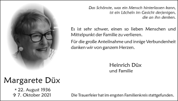Anzeige von Margarete Düx von  Schaufenster/Blickpunkt 