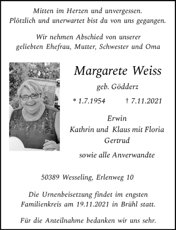 Anzeige von Margarete Weiss von  Schlossbote/Werbekurier 