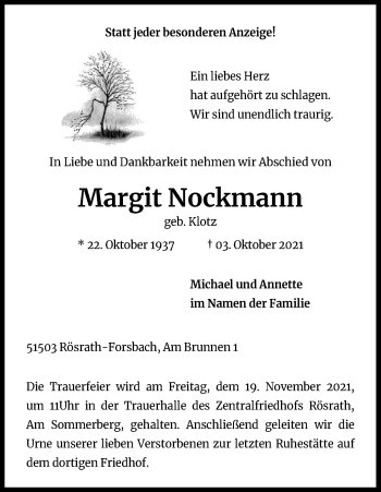 Anzeige von Margit Nockmann von Kölner Stadt-Anzeiger / Kölnische Rundschau / Express