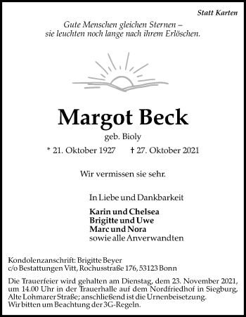 Anzeige von Margot Beck von Kölner Stadt-Anzeiger / Kölnische Rundschau / Express