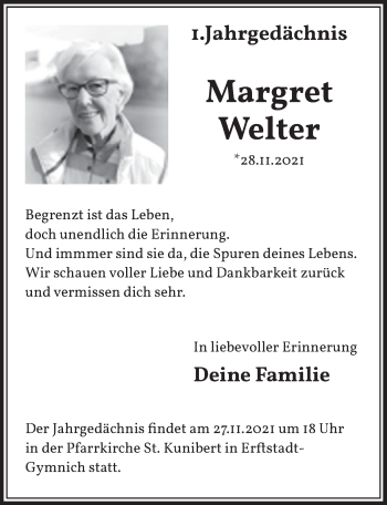 Anzeige von Margret Welter von  Werbepost 