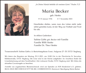 Anzeige von Maria Becker von Kölner Stadt-Anzeiger / Kölnische Rundschau / Express
