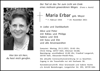 Anzeige von Maria Erbar von Kölner Stadt-Anzeiger / Kölnische Rundschau / Express