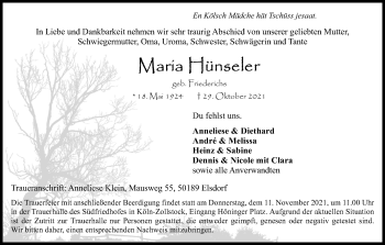 Anzeige von Maria Hünseler von Kölner Stadt-Anzeiger / Kölnische Rundschau / Express