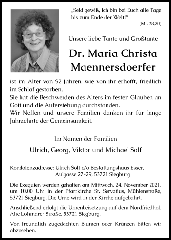 Anzeige von Maria Maennersdoerfer von Kölner Stadt-Anzeiger / Kölnische Rundschau / Express