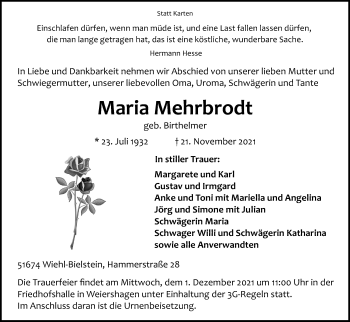 Anzeige von Maria Mehrbrodt von Kölner Stadt-Anzeiger / Kölnische Rundschau / Express