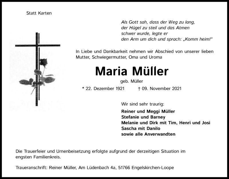  Traueranzeige für Maria Müller vom 20.11.2021 aus Kölner Stadt-Anzeiger / Kölnische Rundschau / Express