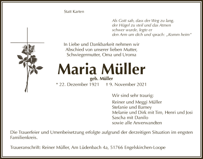  Traueranzeige für Maria Müller vom 19.11.2021 aus  Anzeigen Echo 