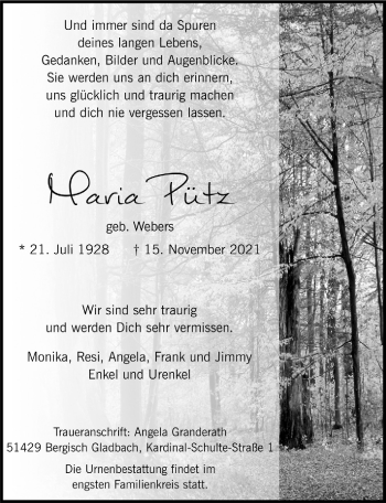 Anzeige von Maria Pütz von  Bergisches Handelsblatt 