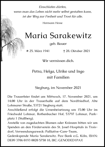 Anzeige von Maria Sarakewitz von Kölner Stadt-Anzeiger / Kölnische Rundschau / Express