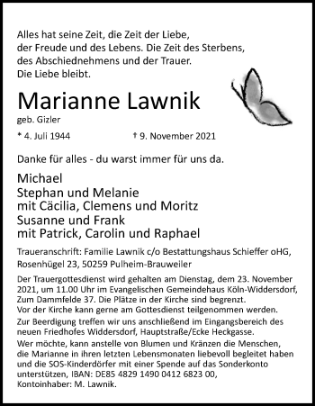 Anzeige von Marianne Lawnik von Kölner Stadt-Anzeiger / Kölnische Rundschau / Express