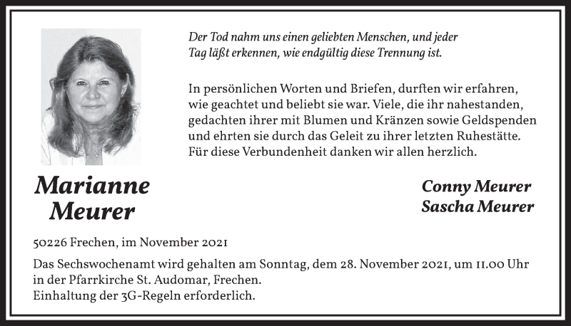  Traueranzeige für Marianne Meurer vom 19.11.2021 aus  Wochenende 