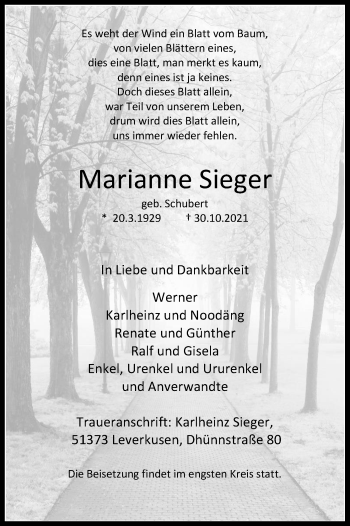 Anzeige von Marianne Sieger von Kölner Stadt-Anzeiger / Kölnische Rundschau / Express