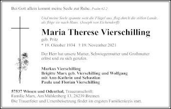 Anzeige von Maria Therese Vierschilling von Kölner Stadt-Anzeiger / Kölnische Rundschau / Express