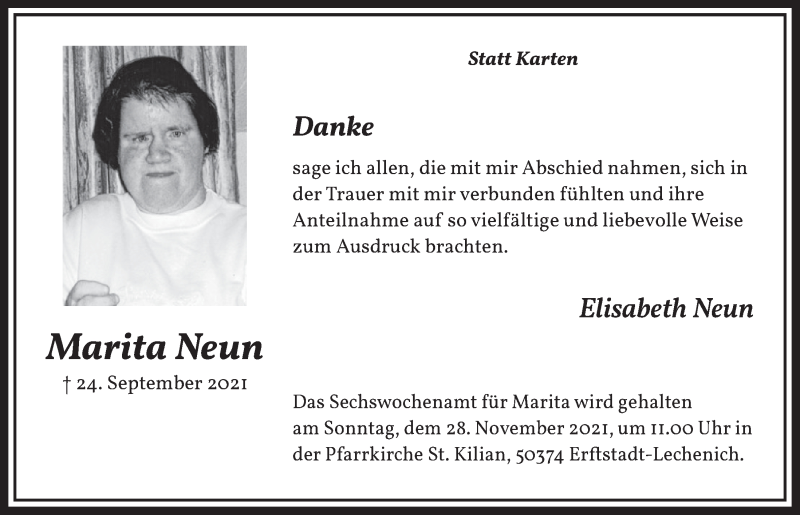  Traueranzeige für Marita Neun vom 19.11.2021 aus  Werbepost 