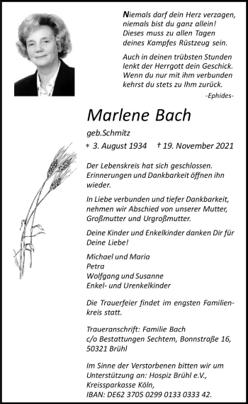 Anzeige von Marlene Bach von  Schlossbote/Werbekurier 
