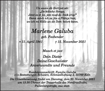 Anzeige von Marlene Galuba von  Kölner Wochenspiegel 
