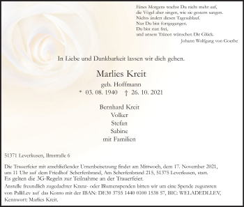 Anzeige von Marlies Kreit von Kölner Stadt-Anzeiger / Kölnische Rundschau / Express