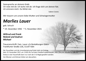 Anzeige von Marlies Lauer von  Kölner Wochenspiegel 