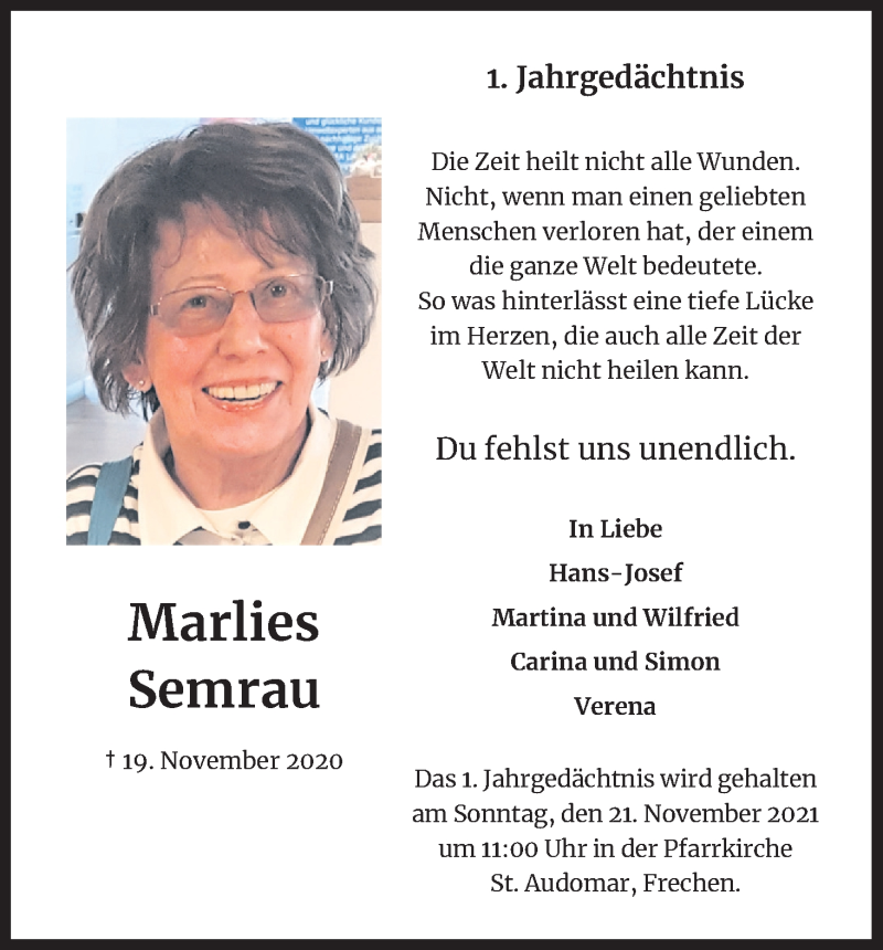 Traueranzeige für Marlies Semrau vom 20.11.2021 aus Kölner Stadt-Anzeiger / Kölnische Rundschau / Express