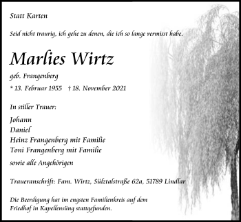 Anzeige von Marlies Wirtz von Kölner Stadt-Anzeiger / Kölnische Rundschau / Express